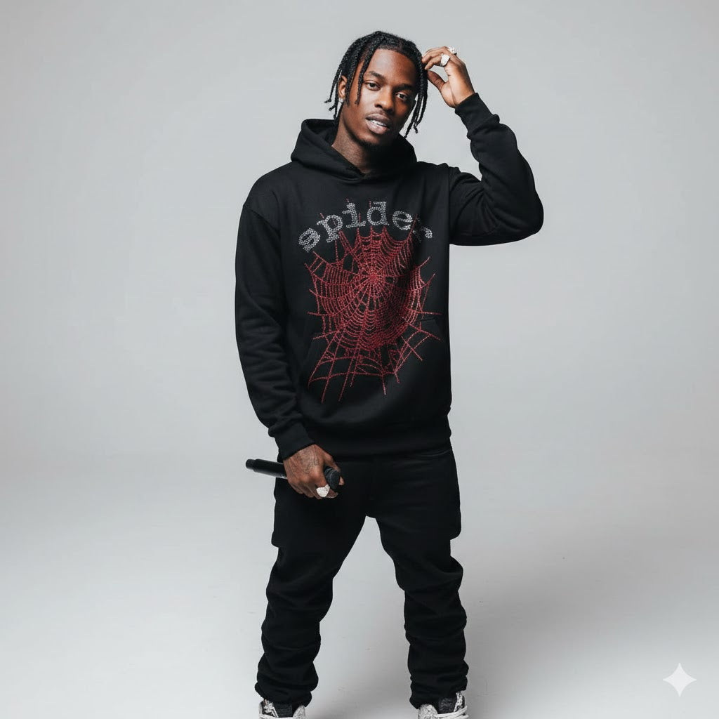 Sp5der OG Rhinestone Logo Hoodie Black